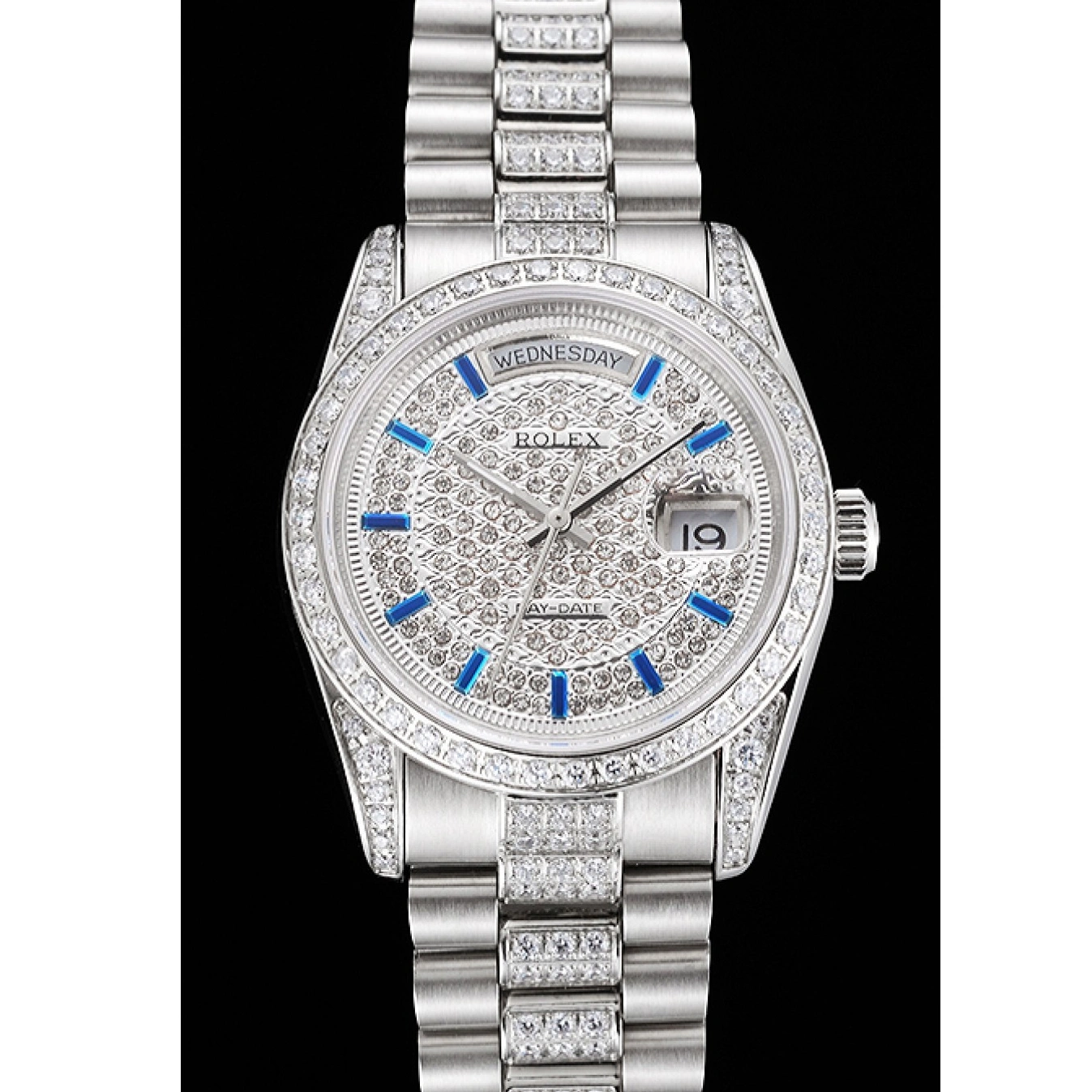 MiroTime 1026 Swiss Rolex Day Date Diamond Pave Dial And Bezel And Stainless Steel Bracelet